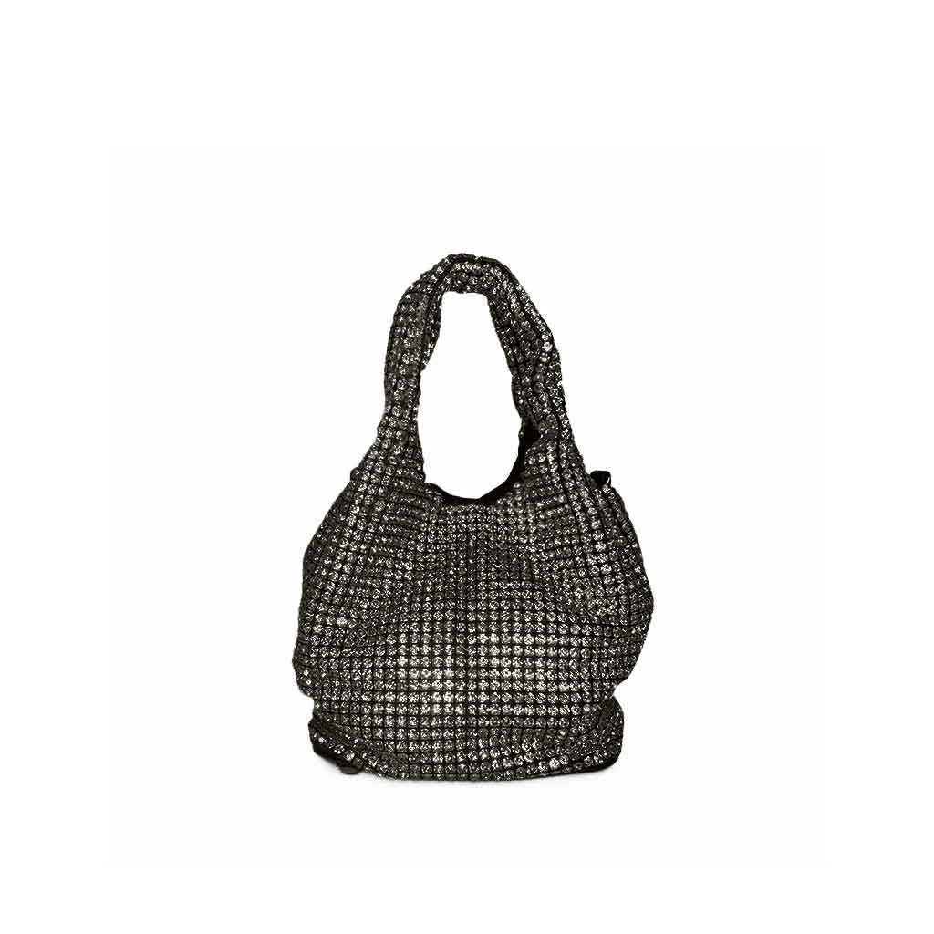 The Gracie Rhinestone Mini Bucket Tote Bag in black
