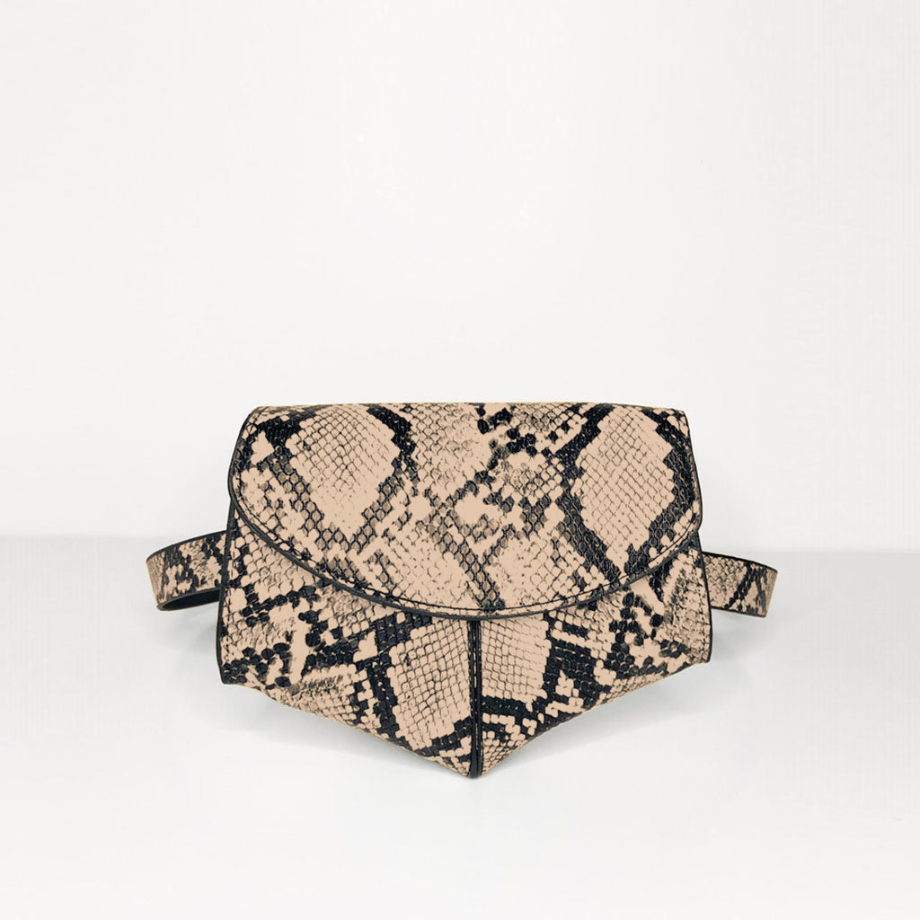 The Lottie Belt Bag in black and sand snake effect