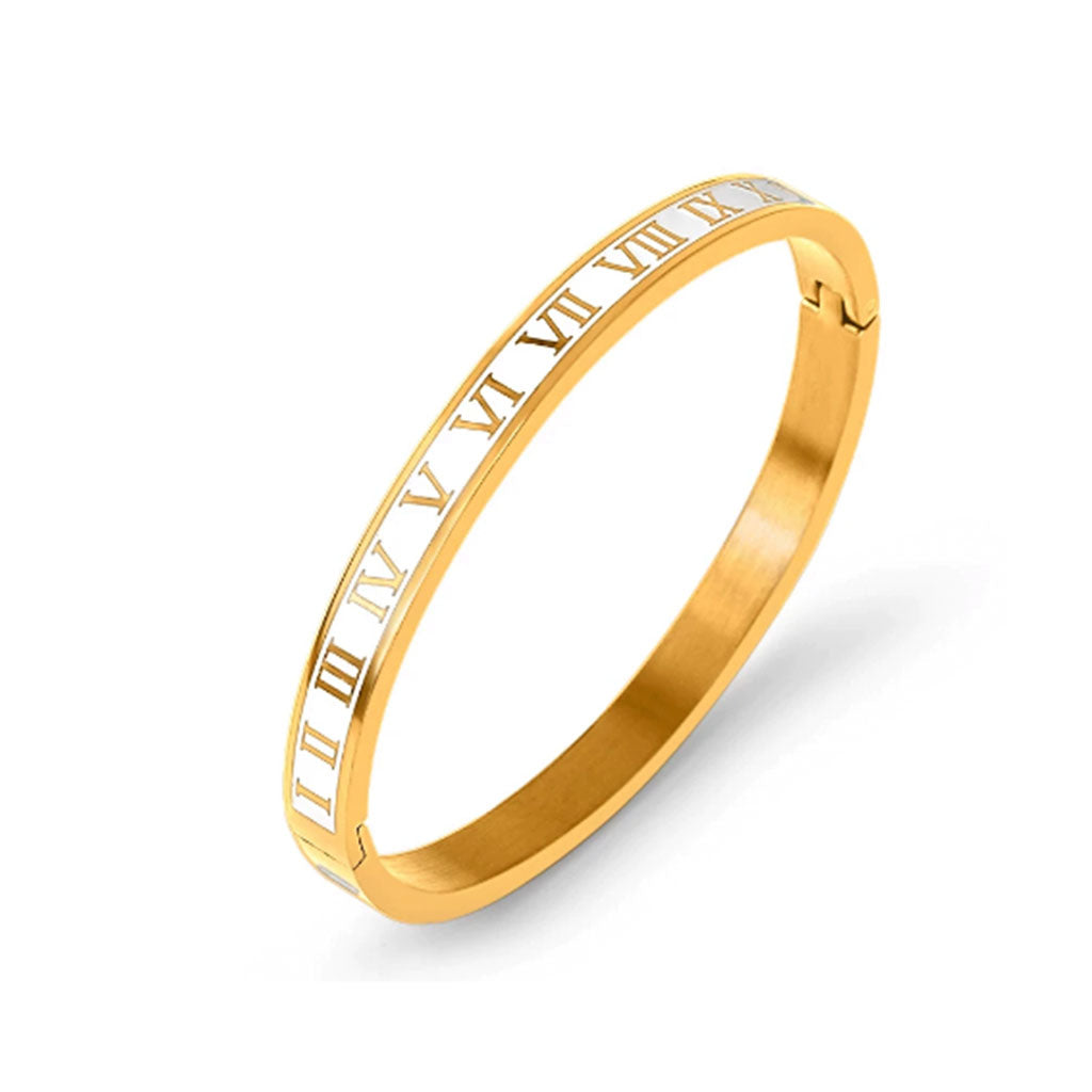 Thin Roman Numerals Bangle in White and Gold – Timeless Minimalist Bracelet | Worth A Million