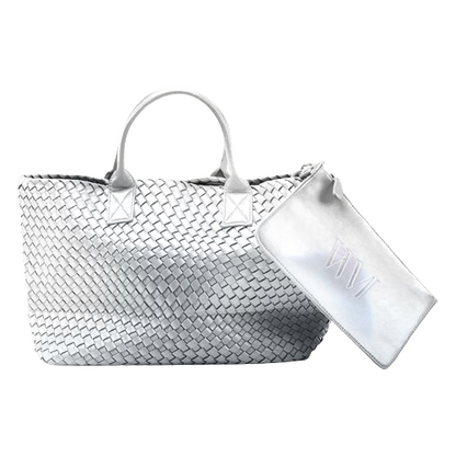 Nicola 2.0 Handwoven Vegan Leather Tote Bag – Silver