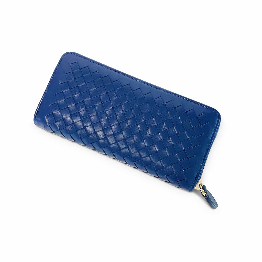 The Ada Leather Woven Zip Around Purse in blue