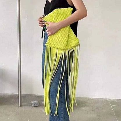 The Alaia Chartreuse Weave Tassel Clutch Bag – Bold Summer Statement Bag | Worth A Million