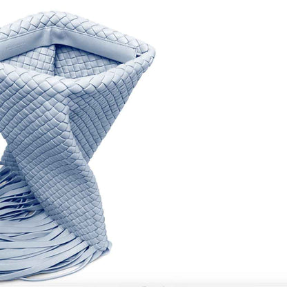 The Alaia Pale Blue Weave Tassel Clutch Bag – Textured Boho Occasion Bag | Worth A Million