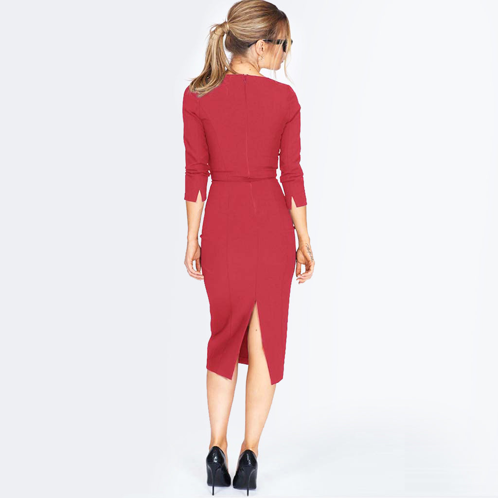 The Dita V-Neck 3/4 Sleeve Dress in burgundy