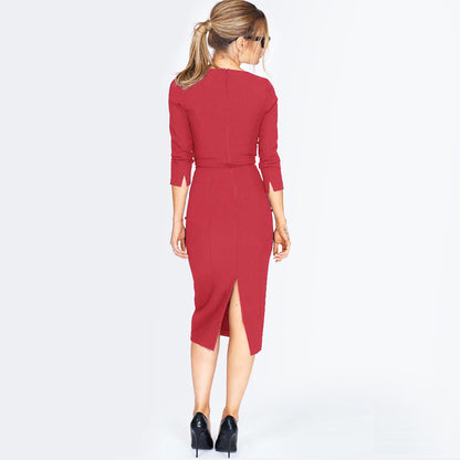 Burgundy V-Neck Midi Dress – The Dita 3/4 Sleeve Seasonless Staple | Worth A Million