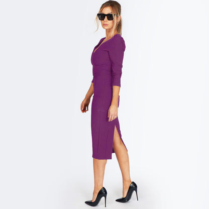 Purple V-Neck Midi Dress – The Dita 3/4 Sleeve Seasonless Staple | Worth A Million