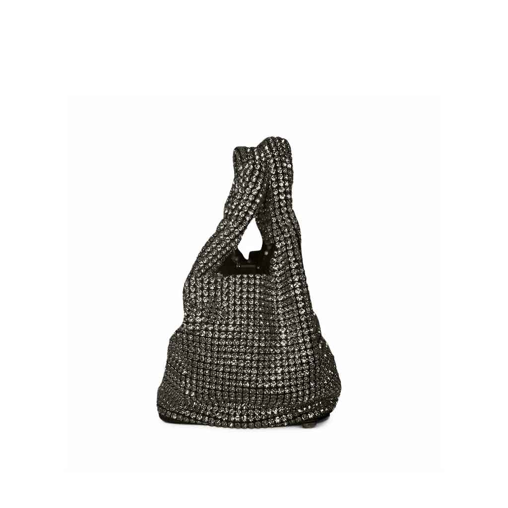 The Gracie Rhinestone Mini Bucket Tote Bag in black