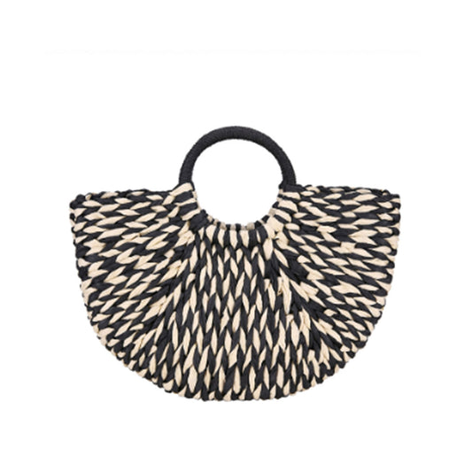 The Heather Half Moon Straw Tote Bag in monochrome