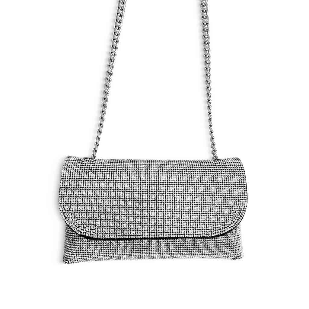 The Jenny Rhinestone Envelope Shoulder Bag in silver