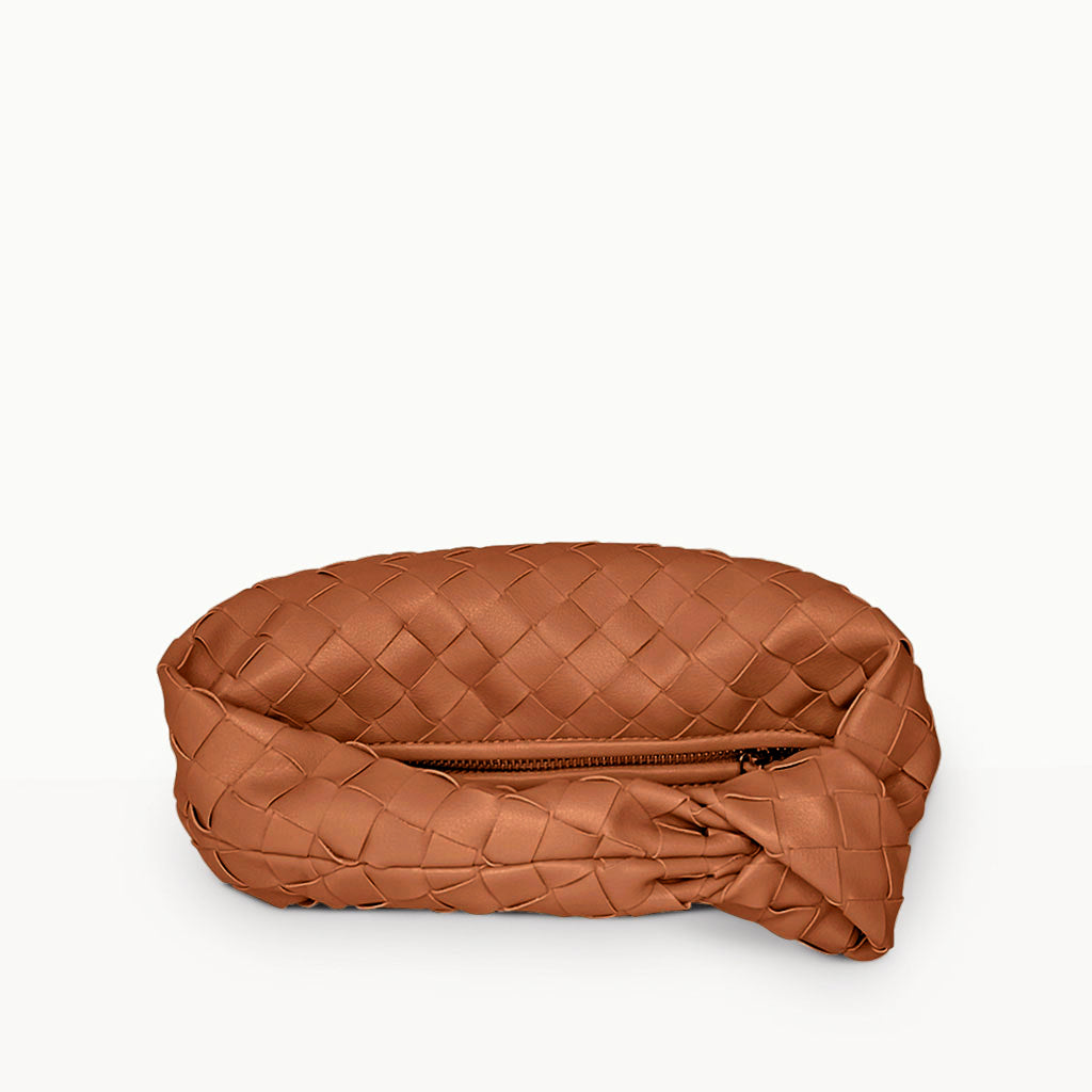 The Small Margaux Leather Weave Cloud Bag in tan