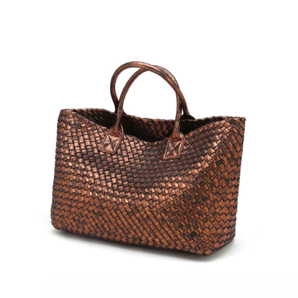 The Nicola Weave Tote Bag in metallic bronze