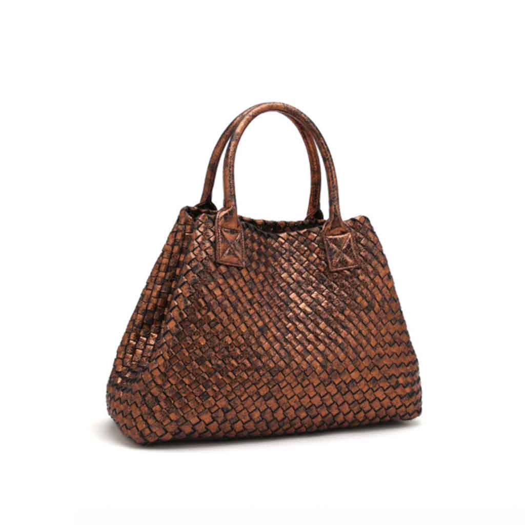 The Nicola Weave Tote Bag in metallic bronze