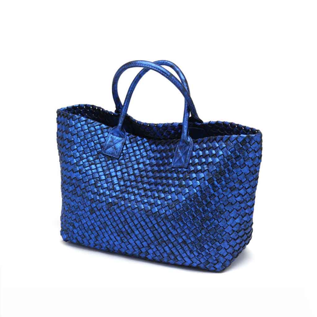 The Nicola Weave Tote Bag in metallic blue