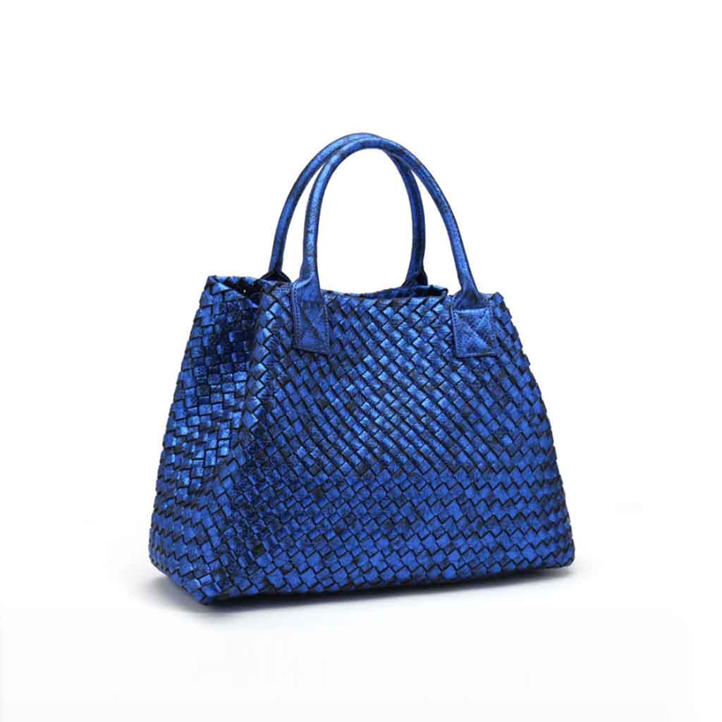 The Nicola Weave Tote Bag in metallic blue