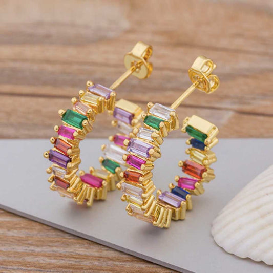 Small Rainbow Cluster Hoops Earrings in gold