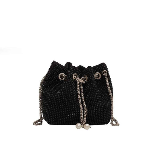 The Thea Rhinestone Crossbody Bucket Bag in black