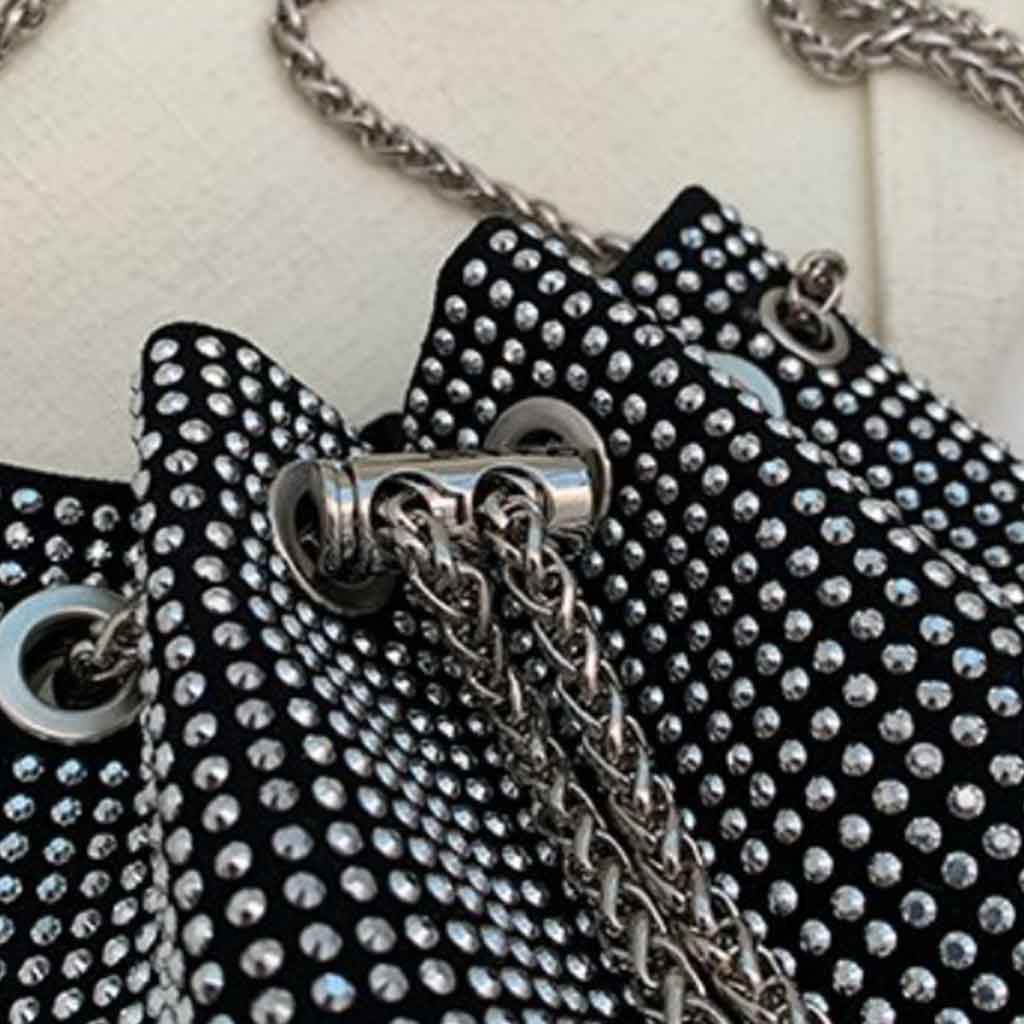 The Thea Rhinestone Crossbody Bucket Bag in silver