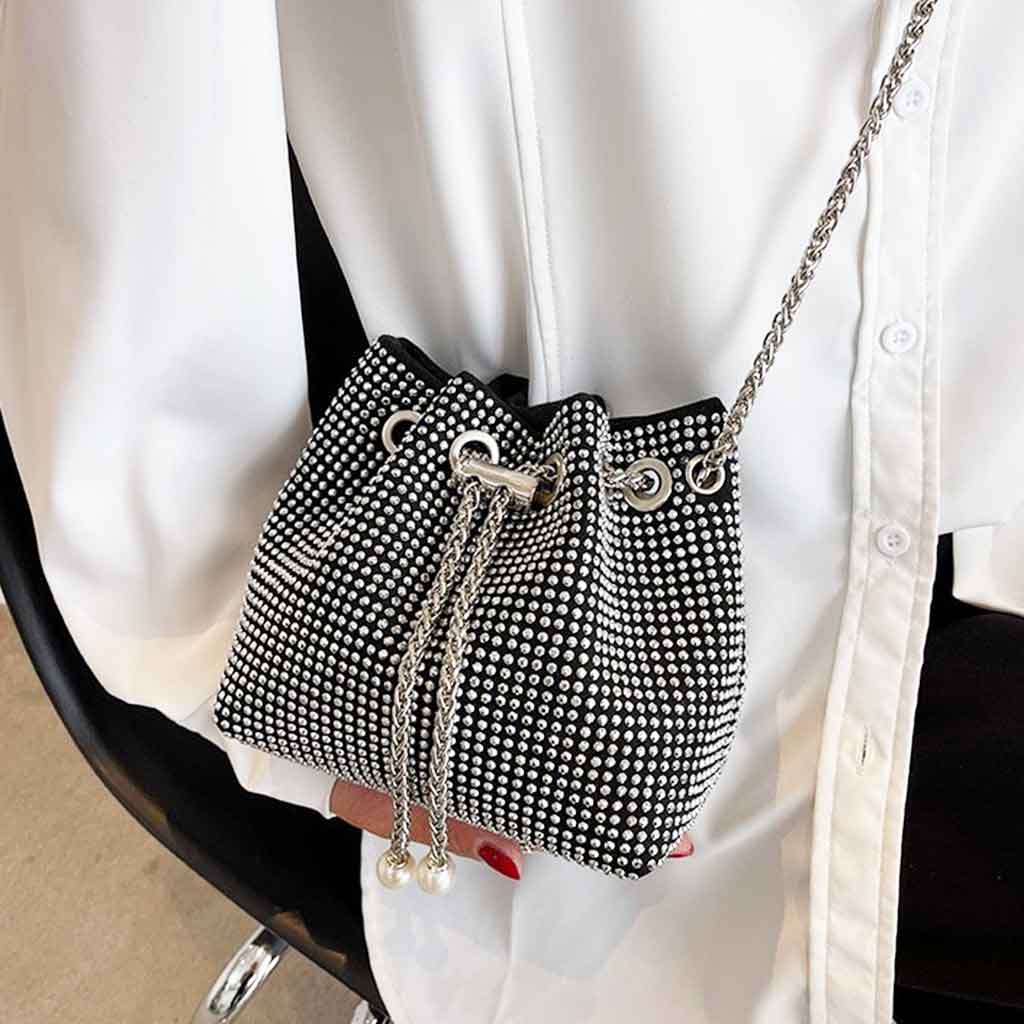 The Thea Rhinestone Crossbody Bucket Bag in silver