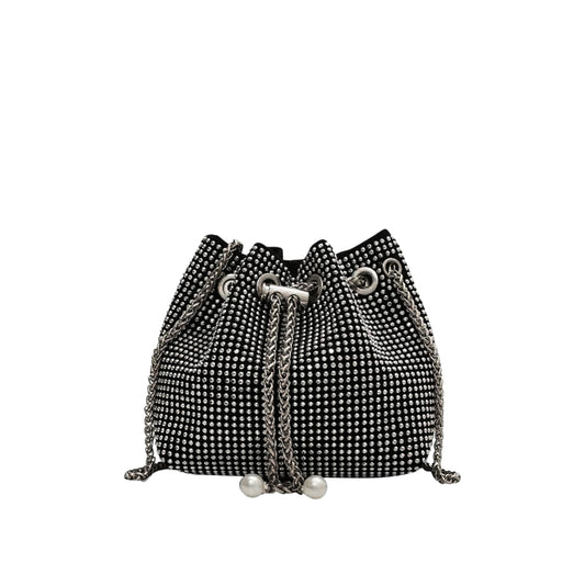 The Thea Rhinestone Crossbody Bucket Bag in silver