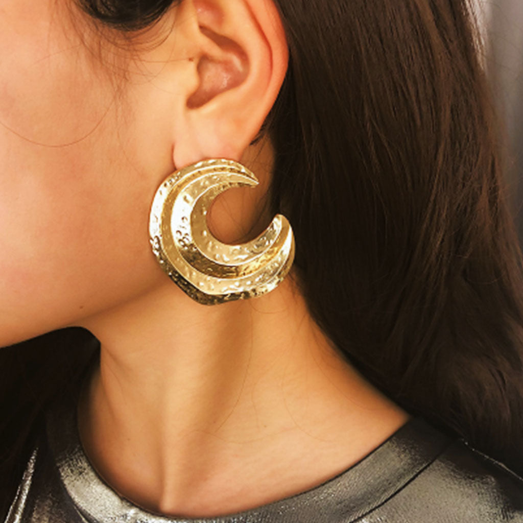 Statement Uneven Moon Earrings in gold