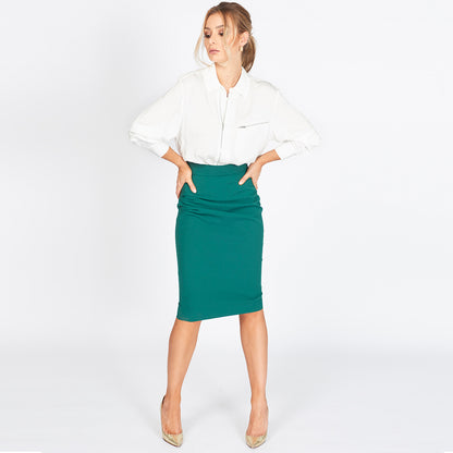 The Lara Rouched Pencil Skirt in Green – High-Waisted Midi Skirt | Worth A Million