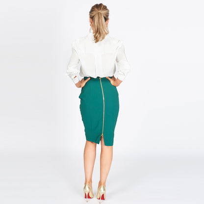 The Lara Rouched Pencil Skirt in Green – High-Waisted Midi Skirt | Worth A Million